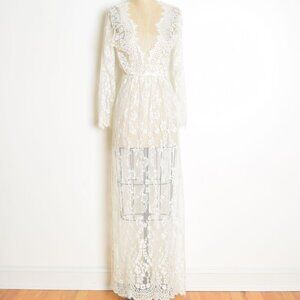 cream lace dress long maxi beach cover up plunging neckline hippie boho S M